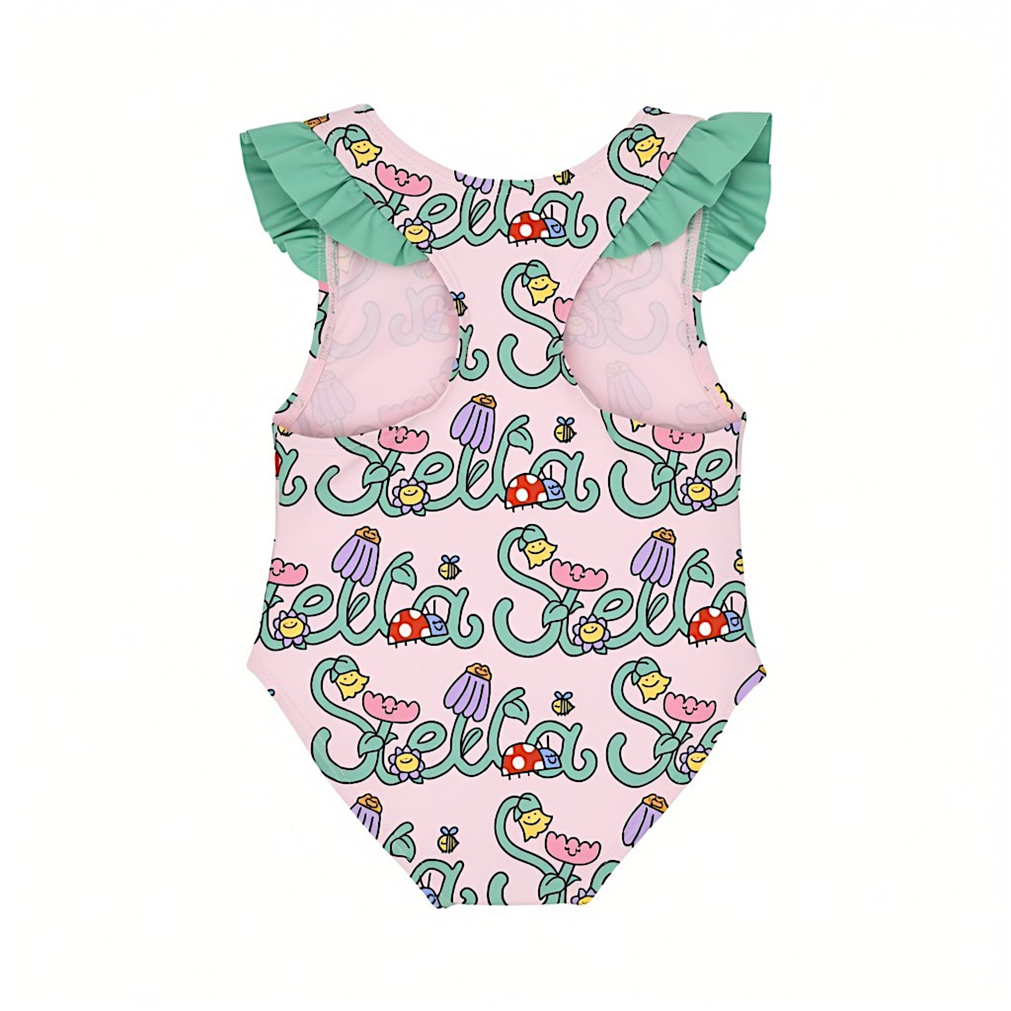 Back view of a pink Stella McCartney Kids one-piece swimsuit displaying the comfortable racerback style, mint green shoulder ruffles, and uniform floral pattern.