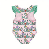 Back view of a pink Stella McCartney Kids one-piece swimsuit displaying the comfortable racerback style, mint green shoulder ruffles, and uniform floral pattern.