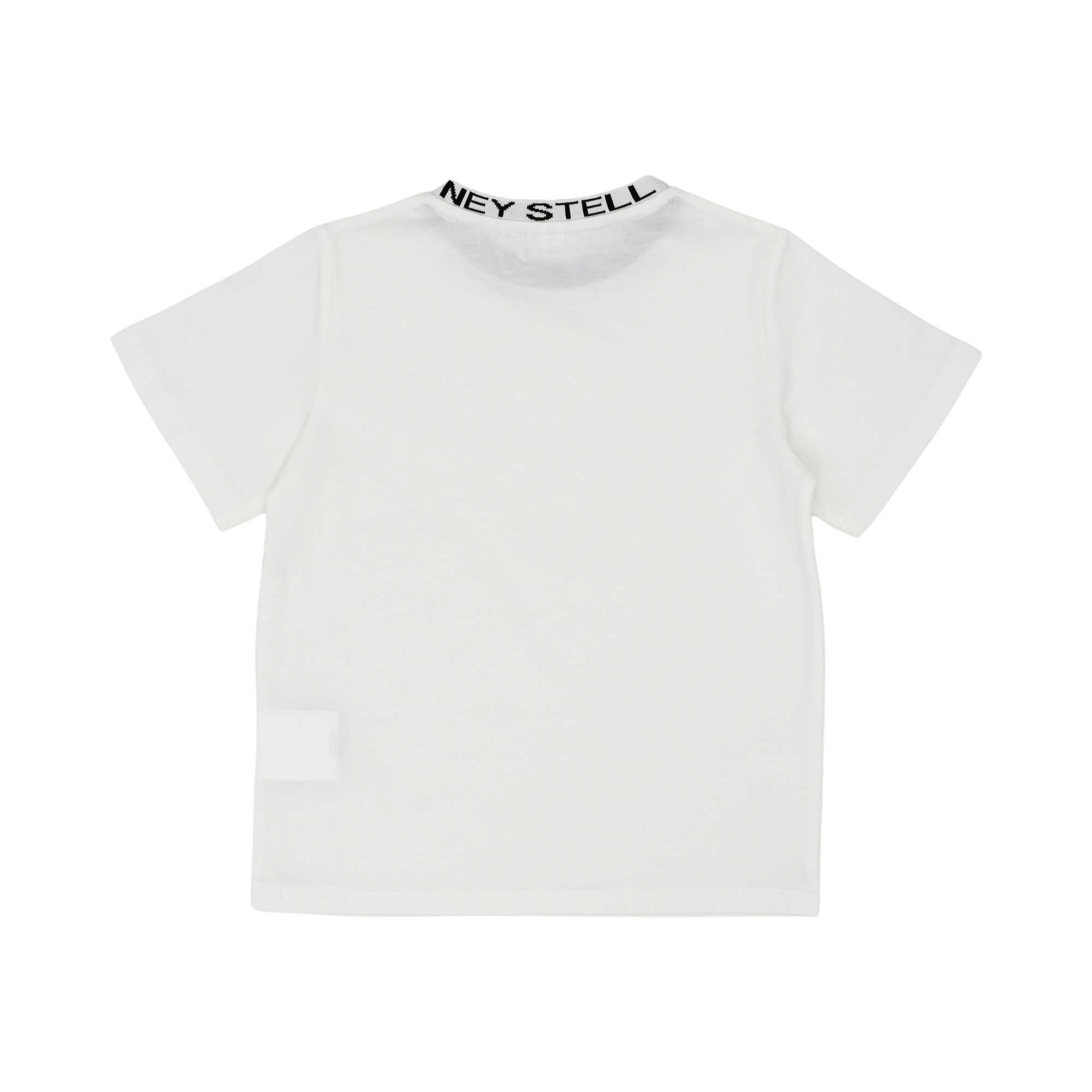Back view of the white Stella McCartney Kids t-shirt showing the continuation of the logo branding around the collar.