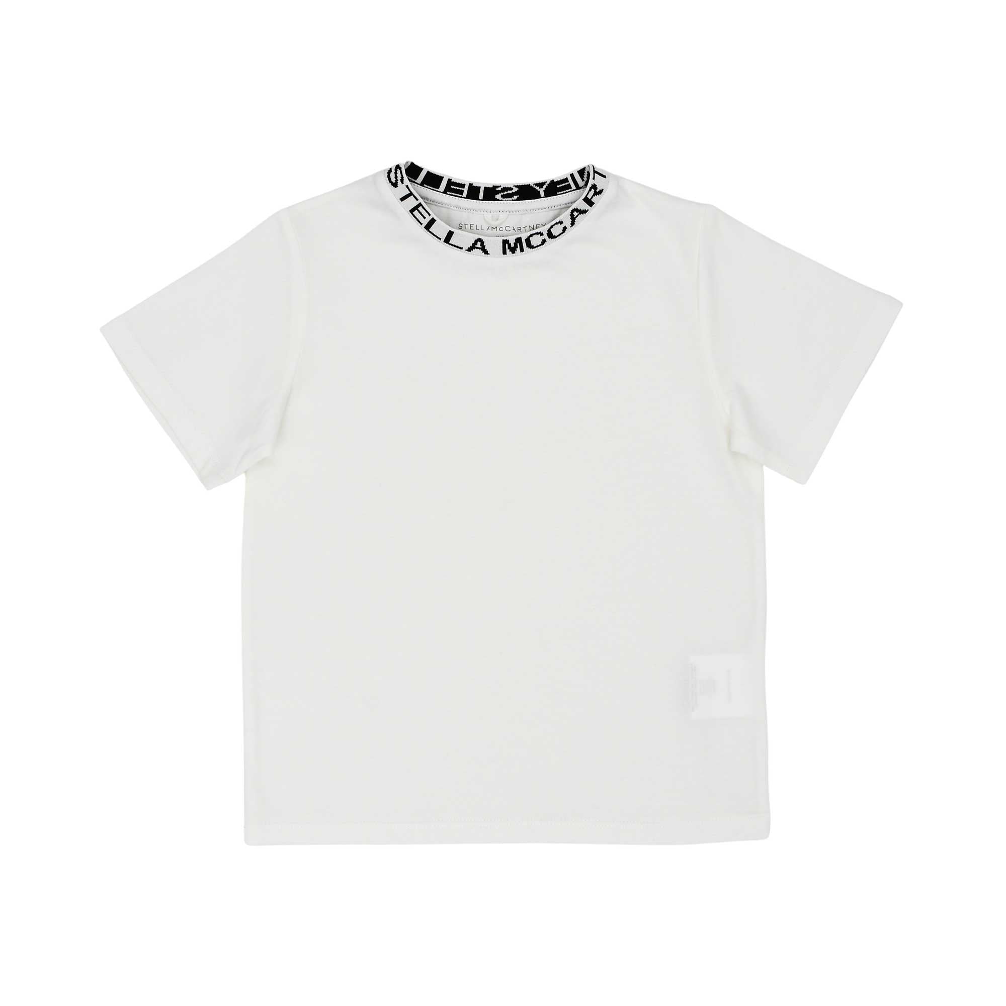Front view of a crisp white Stella McCartney Kids t-shirt featuring a black logo-branded ribbed neckline.