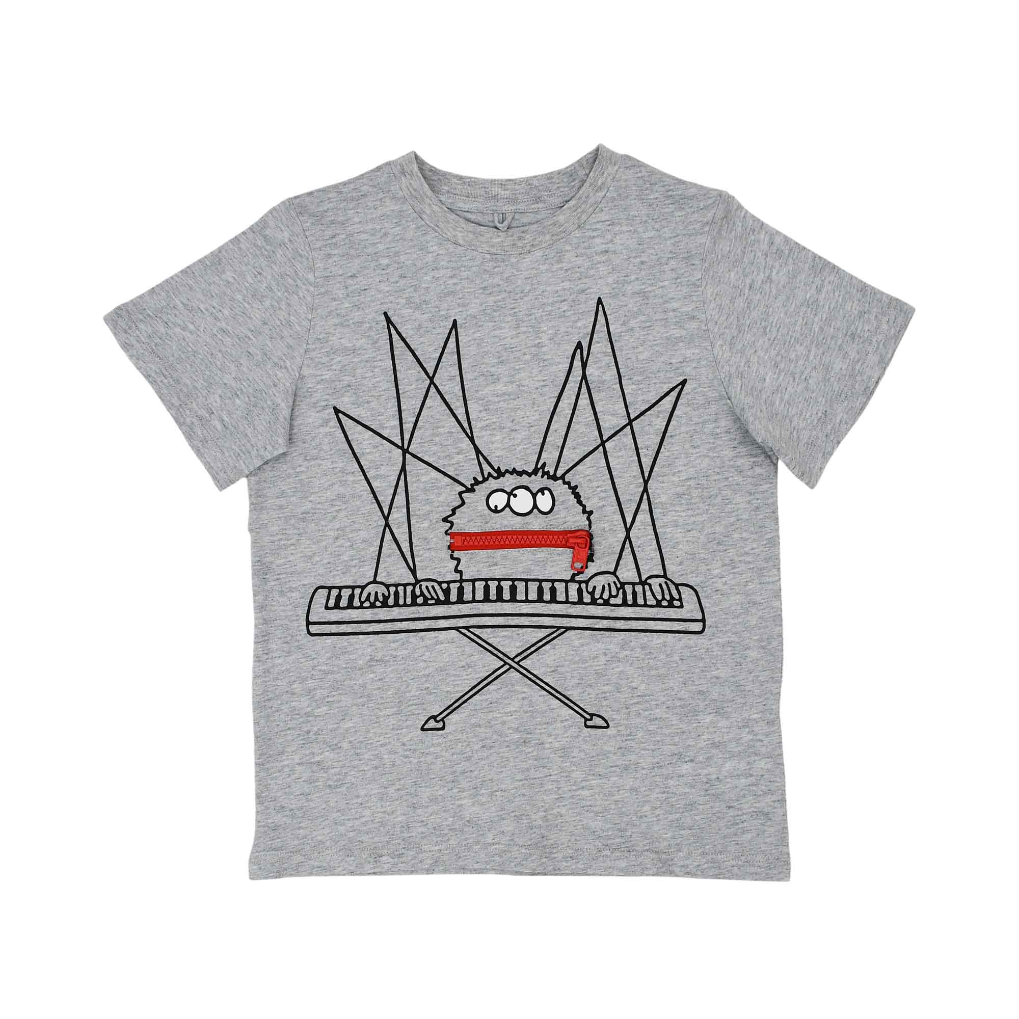Front view of a grey marl Stella McCartney Kids t-shirt featuring a black line drawing of a monster at a keyboard with a red zipper mouth.