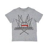 Front view of a grey marl Stella McCartney Kids t-shirt featuring a black line drawing of a monster at a keyboard with a red zipper mouth.