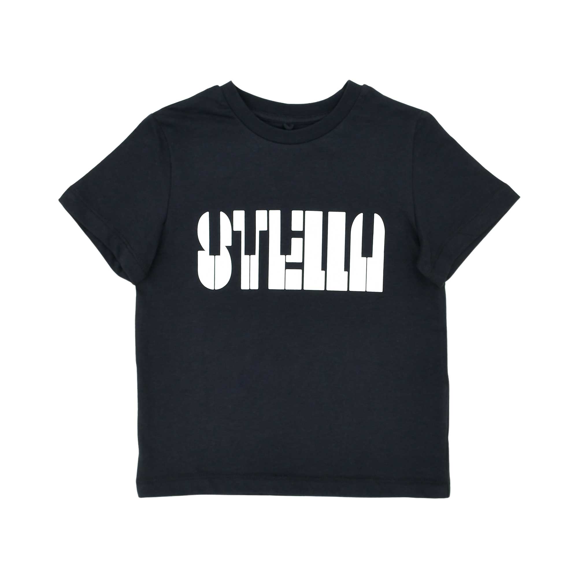 Front view of a black Stella McCartney Kids t-shirt with a large white "STELLA" logo designed to look like piano keys.