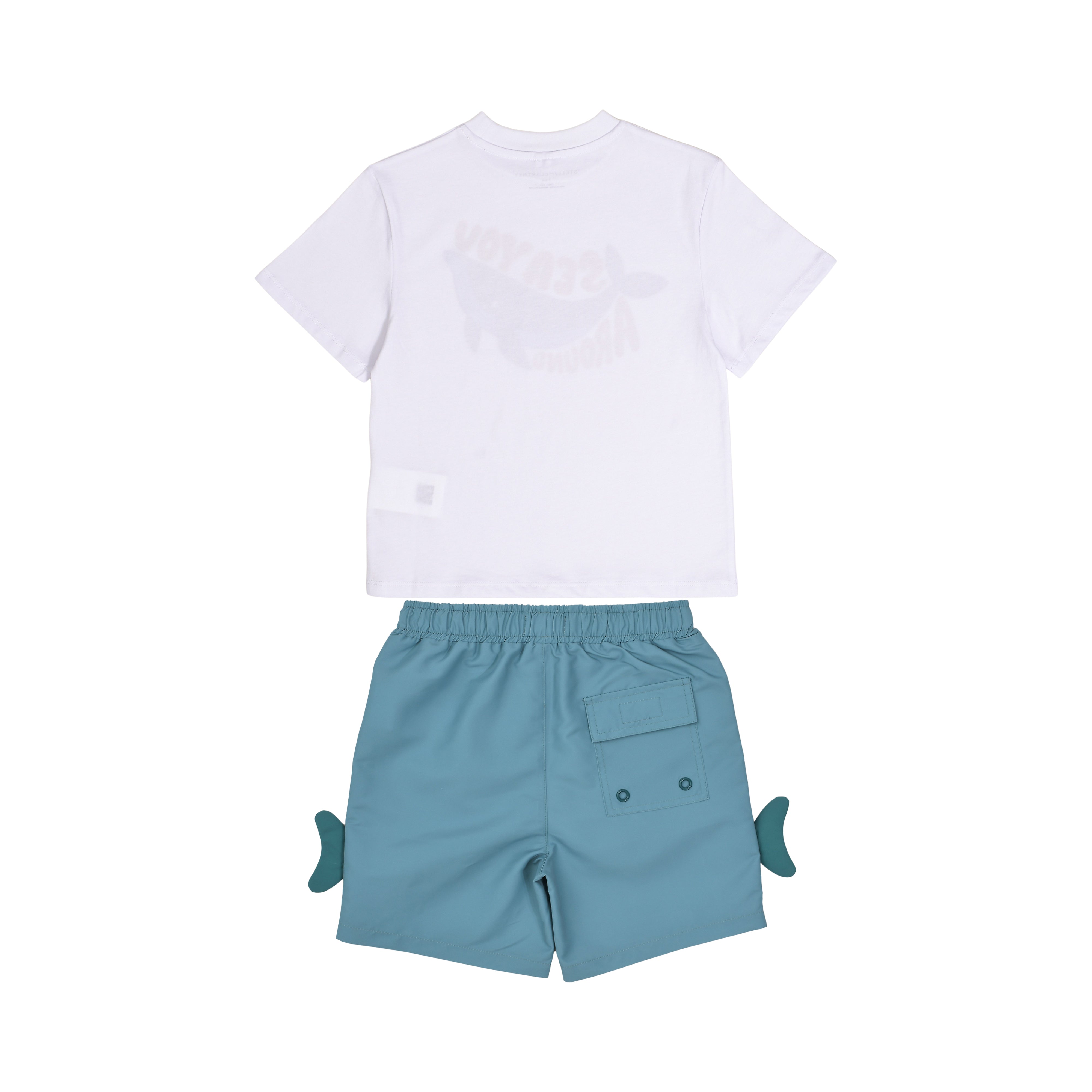Back flat-lay view of the Stella McCartney Kids boys teal and white whale clothing set, highlighting the rear flap pocket on the shorts.