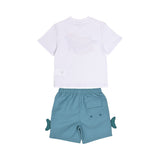 Back flat-lay view of the Stella McCartney Kids boys teal and white whale clothing set, highlighting the rear flap pocket on the shorts.