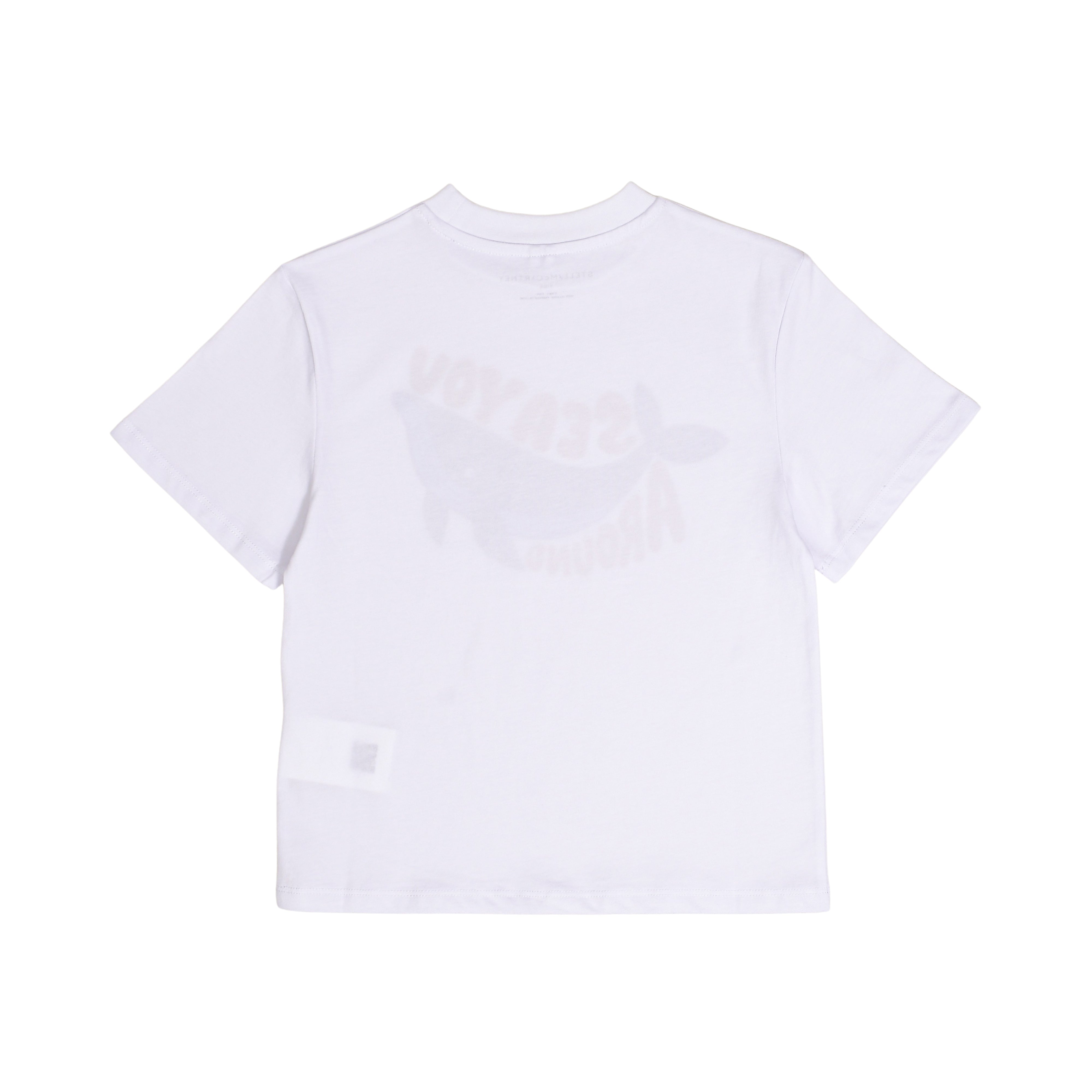 Clean back view of the plain white short-sleeve crewneck kids' t-shirt by Stella McCartney on a solid white background.