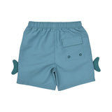 Back view of the Stella McCartney Kids teal toddler shorts showing the elastic waist, structural stitching, and back flap pocket with dual drainage eyelets.