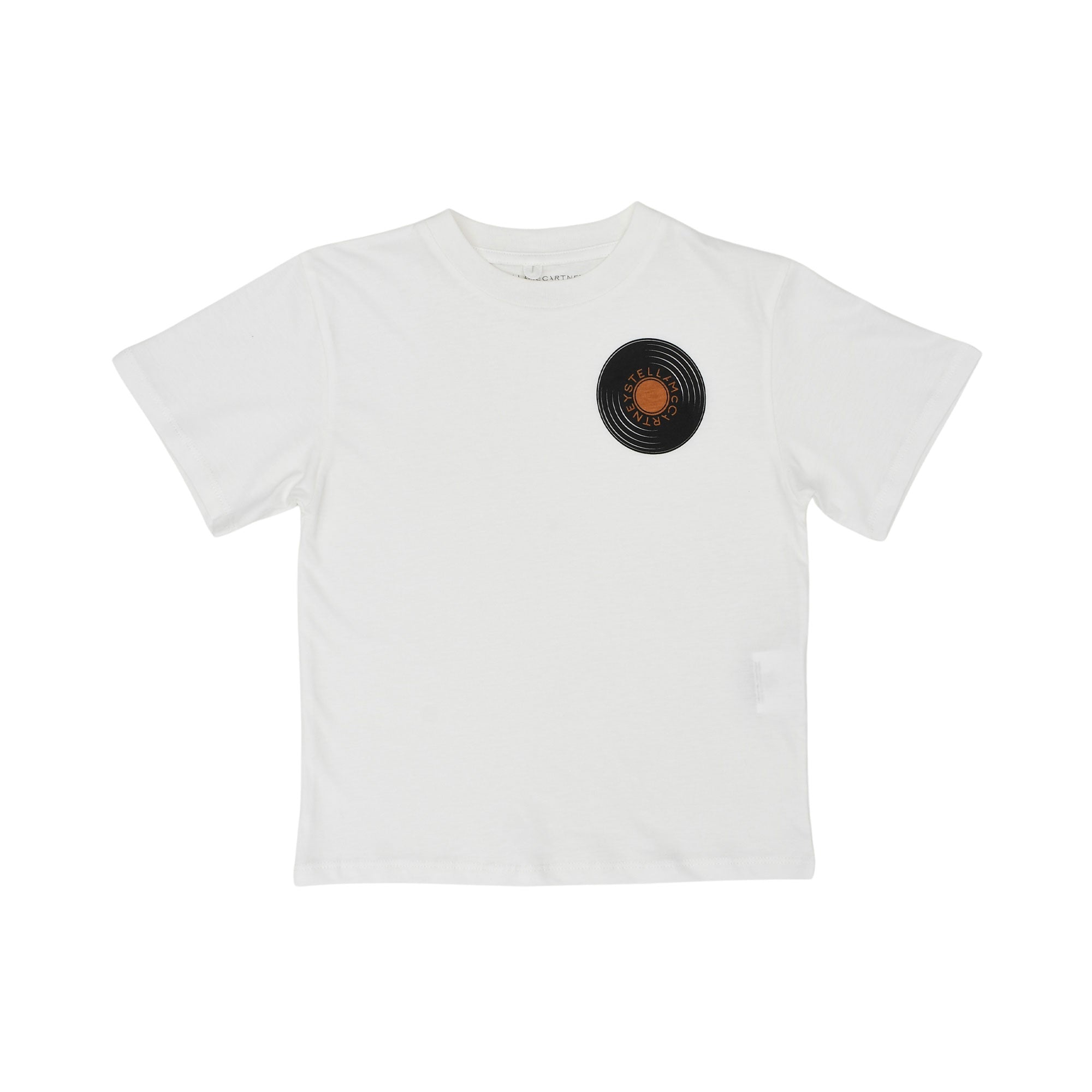 Front view of a white Stella McCartney Kids t-shirt featuring a small black and orange vinyl record graphic on the chest.