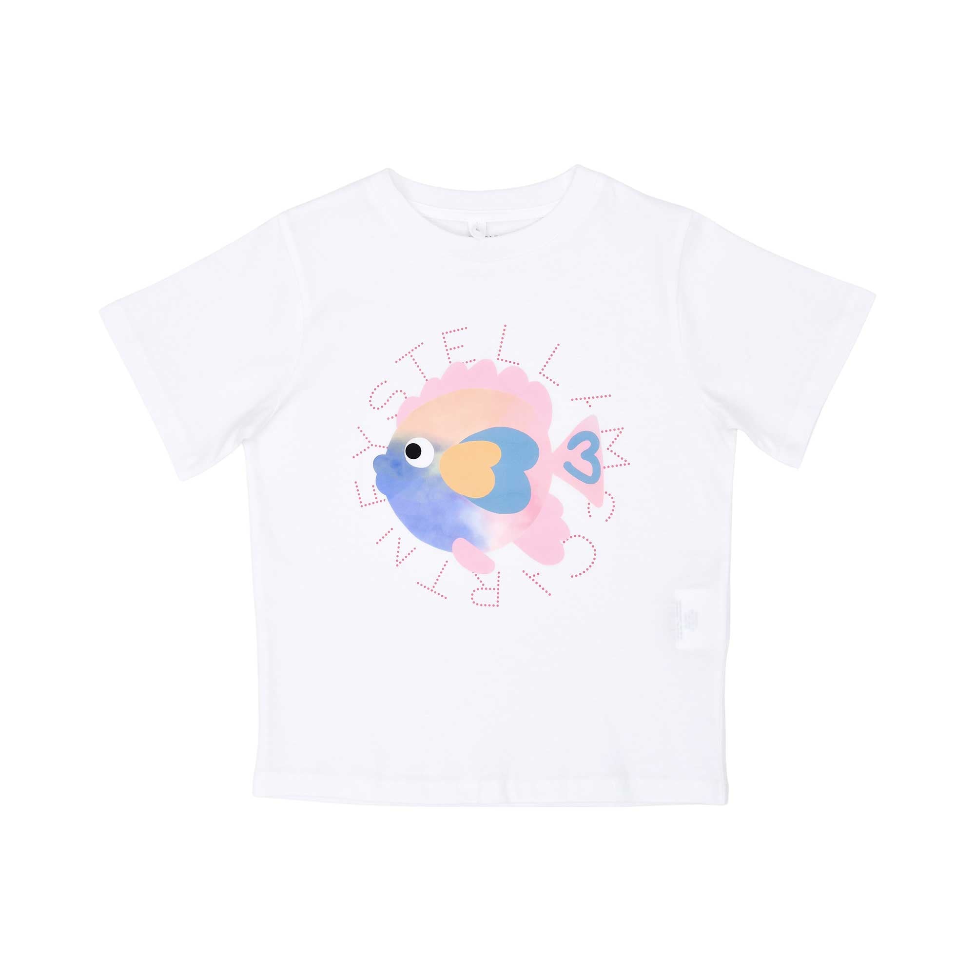 Front view of a white organic cotton kids' T-shirt featuring a colorful blue and pink watercolor fish graphic centered inside a pink dotted logo.