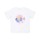 Front view of a white organic cotton kids' T-shirt featuring a colorful blue and pink watercolor fish graphic centered inside a pink dotted logo.