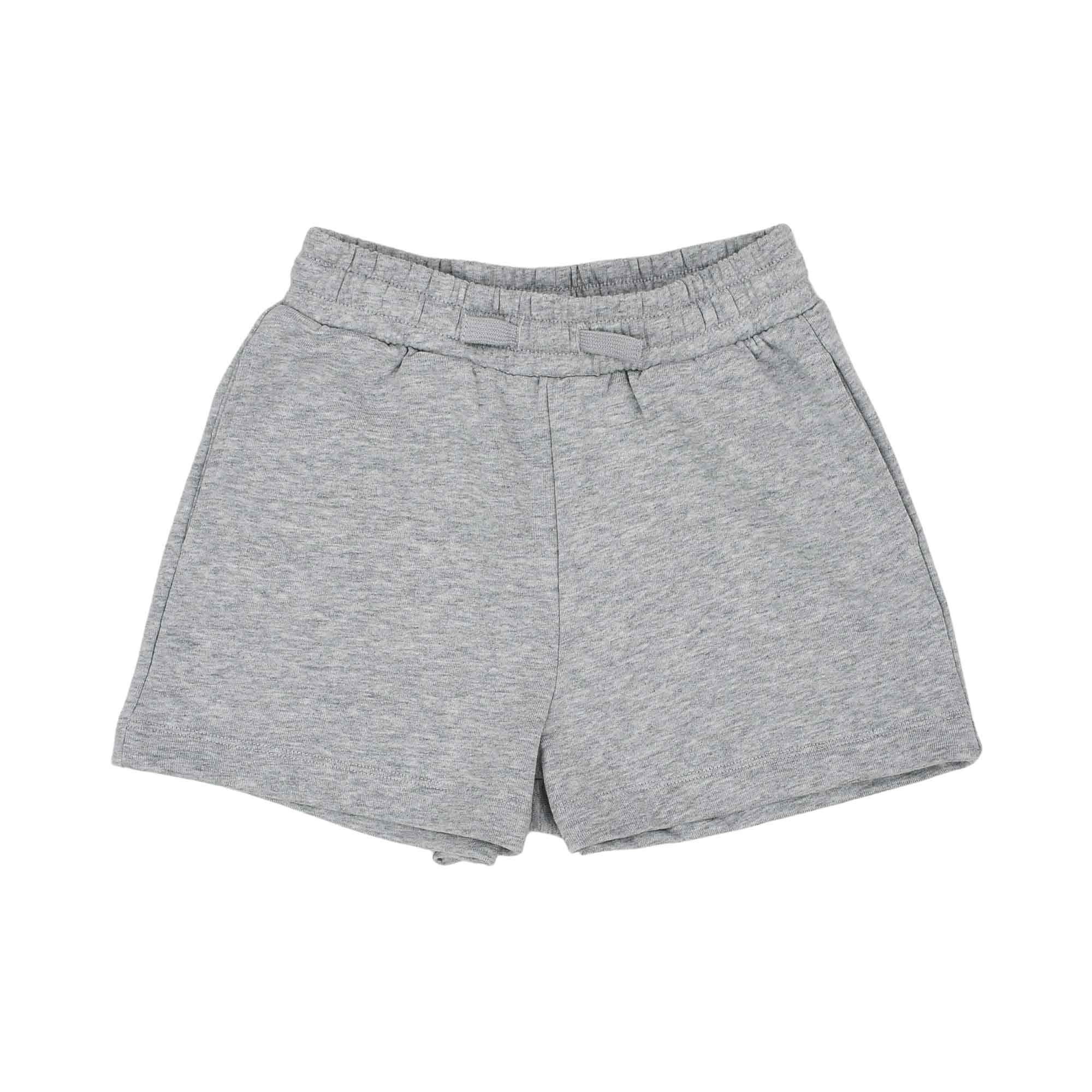 Front view of Stella McCartney Kids grey marl cotton jersey shorts featuring a comfortable elasticated waistband with a matching drawstring