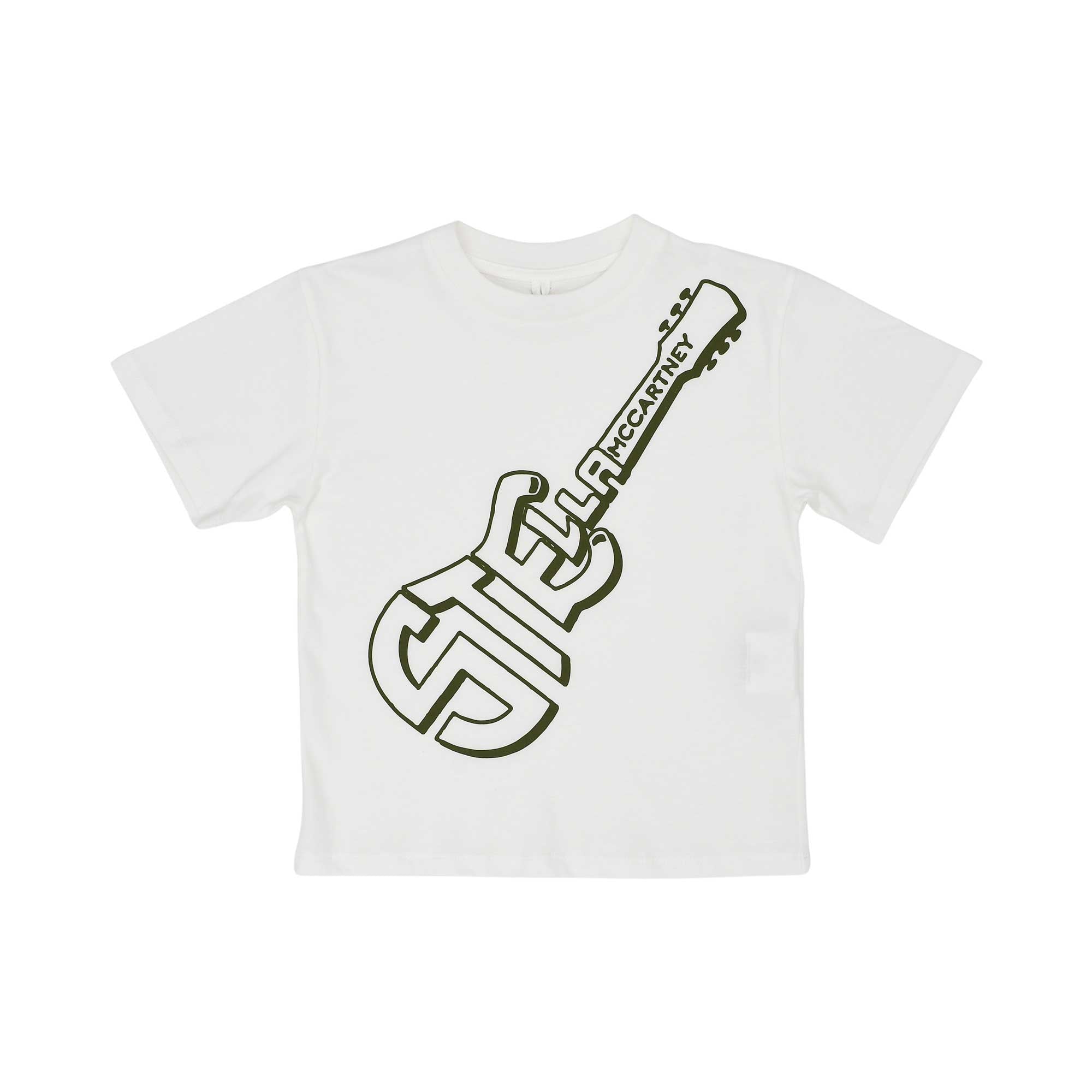 Front view of a mustard yellow Stella McCartney Kids t-shirt featuring a large black graphic of a guitar with logo text.