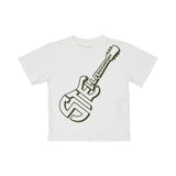 Front view of a mustard yellow Stella McCartney Kids t-shirt featuring a large black graphic of a guitar with logo text.