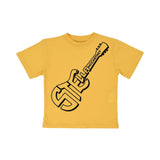 Front view of a mustard yellow Stella McCartney Kids t-shirt featuring a large black graphic of a guitar with logo text.