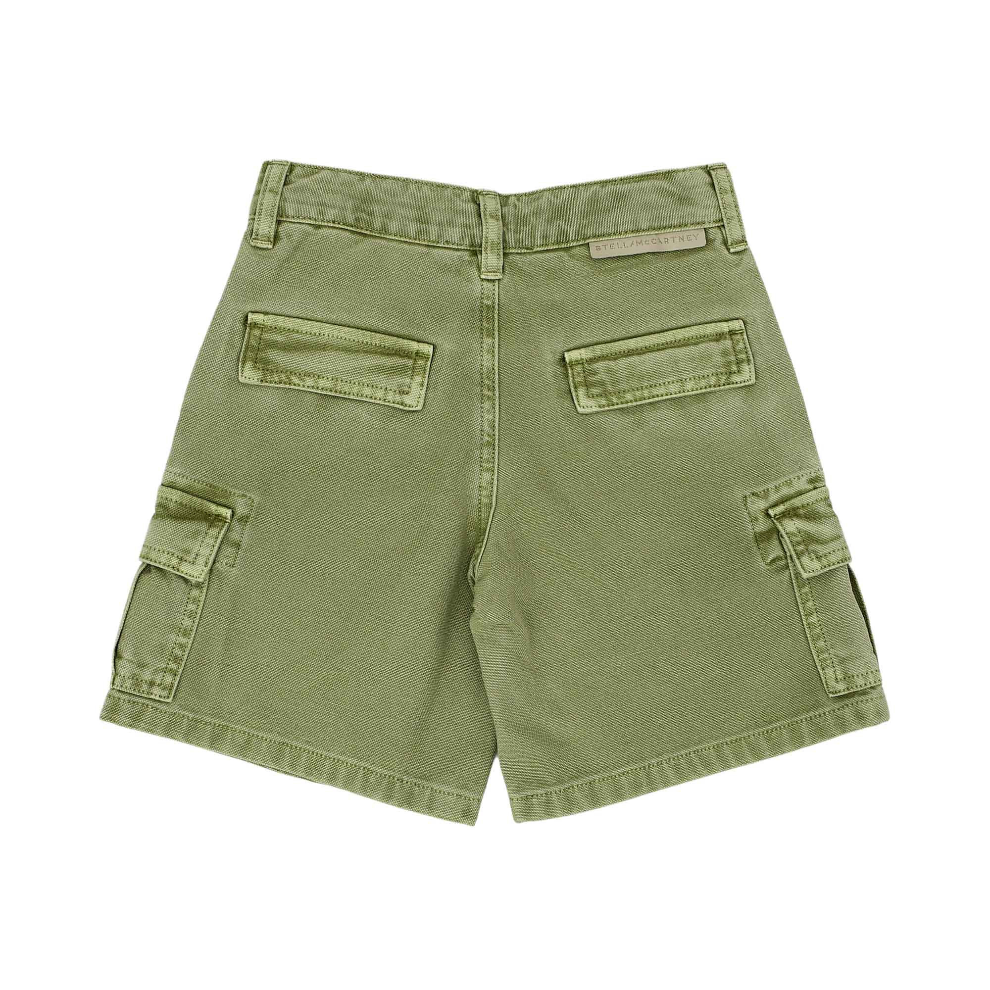 Back view of children's olive green twill cargo shorts showing two rear pockets and a designer logo tab on the waistband.