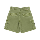 Back view of children's olive green twill cargo shorts showing two rear pockets and a designer logo tab on the waistband.