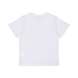 Back view of a plain white short-sleeved organic cotton T-shirt for kids, showing a clean, high-quality finish
