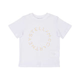 Front view of a Stella McCartney Kids white T-shirt featuring a circular logo comprised of small pastel yellow, blue, and lilac dots.