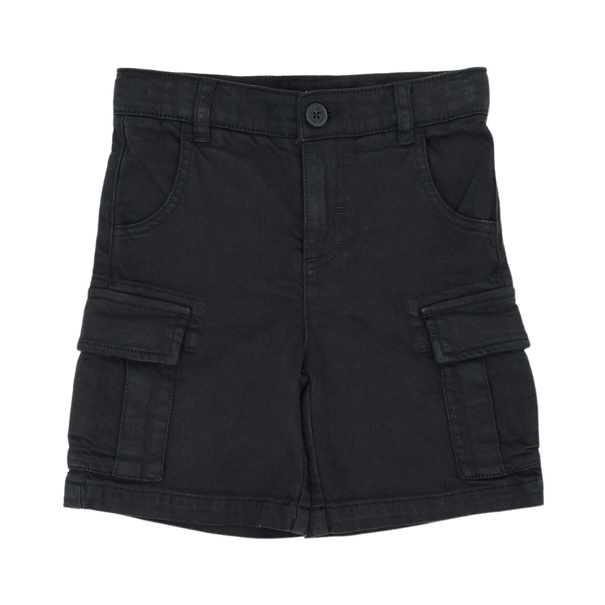 Front view of Stella McCartney Kids black organic cotton cargo shorts featuring utility side pockets and a classic button-fly waist.