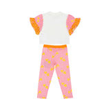 Children's outfit with white top and pink pants featuring yellow heart patterns on a white background