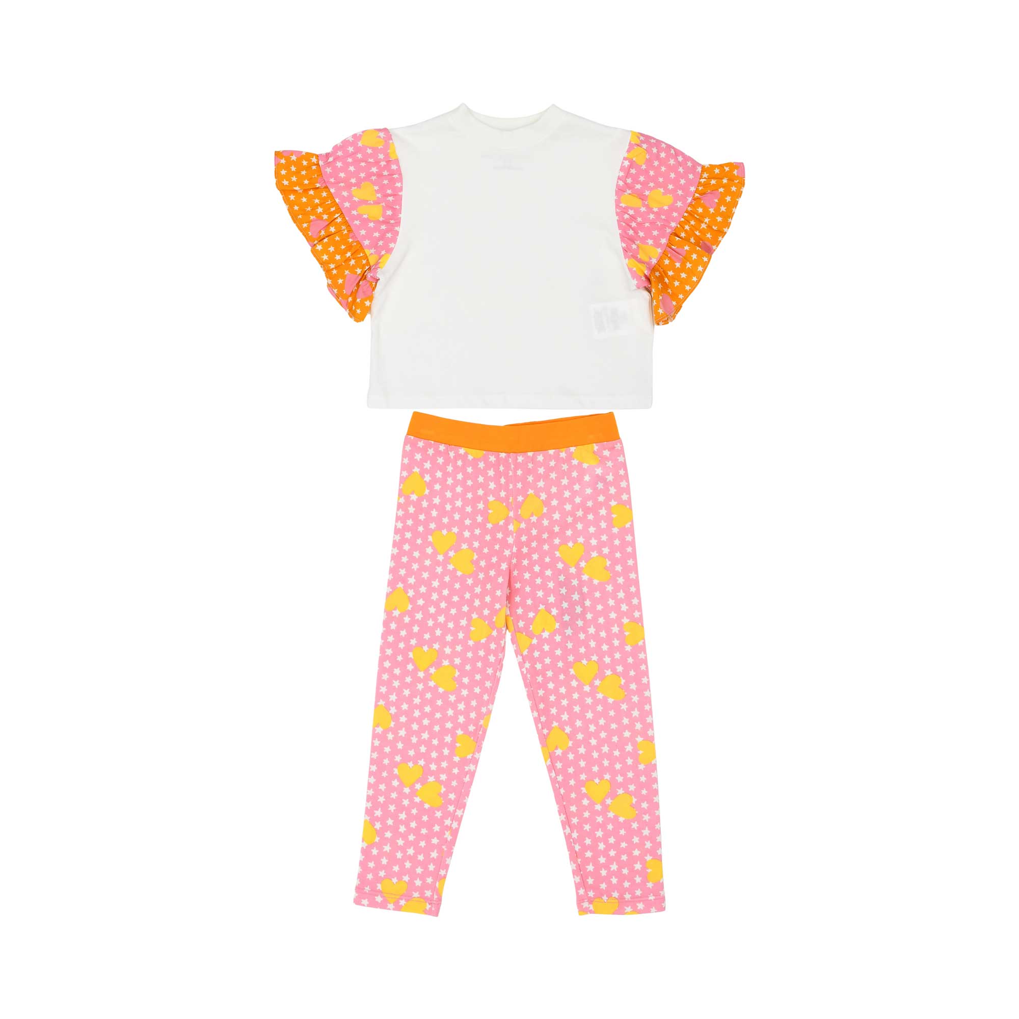 Children's outfit with white top and pink pants featuring yellow patterns on a white background