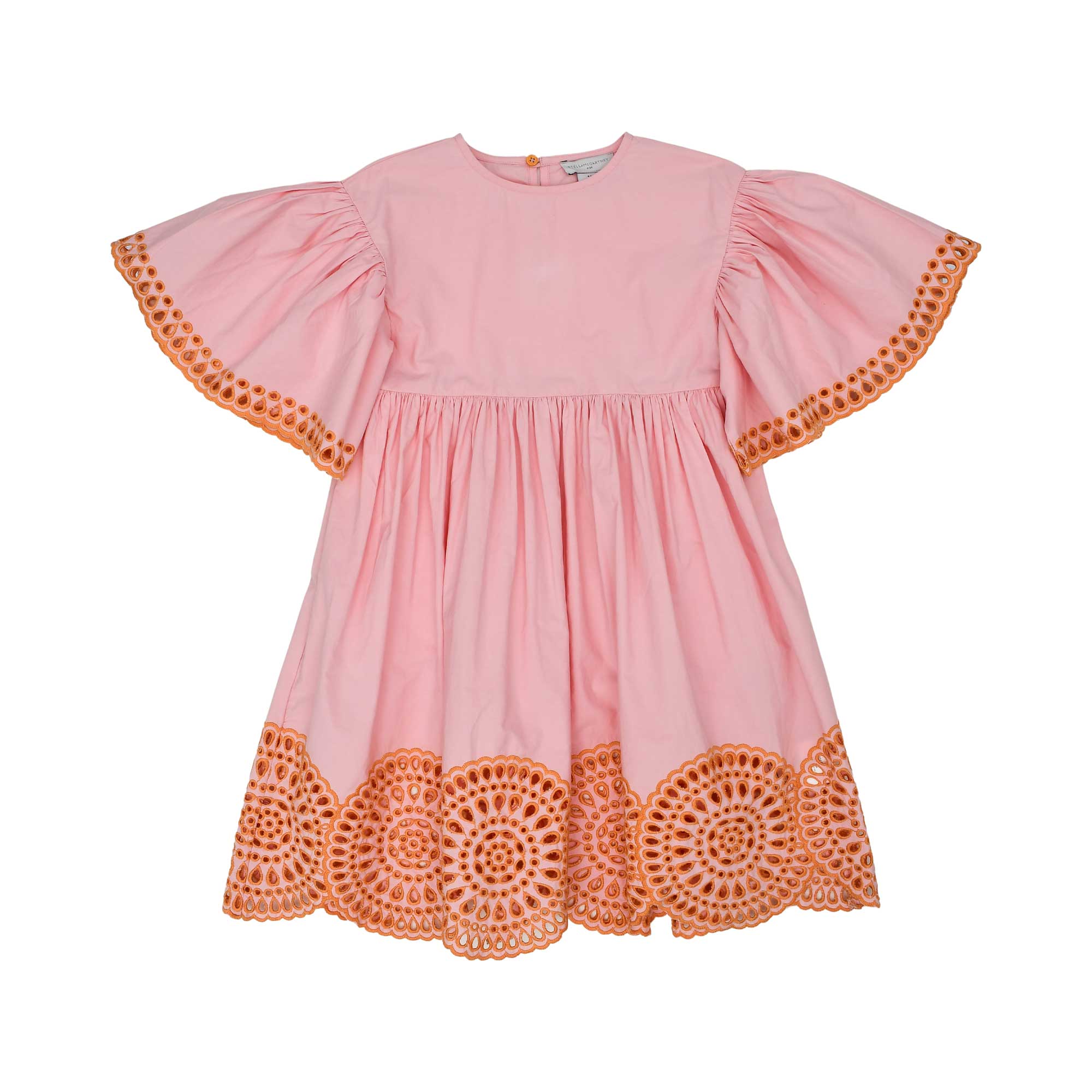 Front view of a Stella McCartney Kids light pink short-sleeved dress with orange eyelet embroidery on the flutter sleeves and hem.