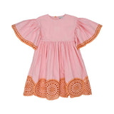 Front view of a Stella McCartney Kids light pink short-sleeved dress with orange eyelet embroidery on the flutter sleeves and hem.