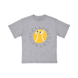 Front view of a grey marl Stella McCartney Kids t-shirt featuring a yellow tennis ball with eyes and a circular dotted logo.