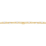 A horizontal straight-line layout shot of the Escada Florence bracelet, detailing the alternating pattern of gold links and white pearls centered around the inline hollow logo cube charm.