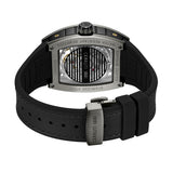 Focused product view of the black gunmetal ion-plated stainless steel tang pin buckle on the brown leather band, showcasing the debossed house signature logo.