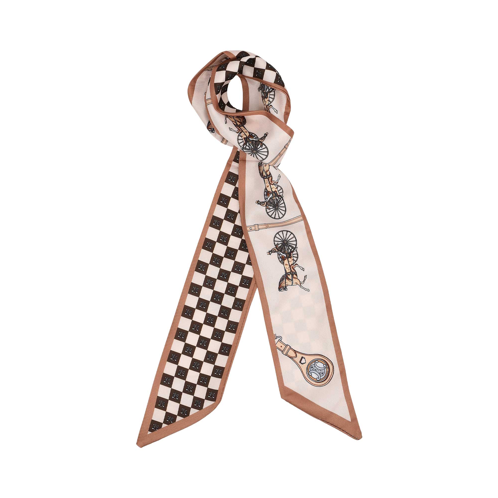 Styled View of the Muni women’s beige multicolor printed twilly scarf with checkerboard and equestrian motif design. Available Now Online