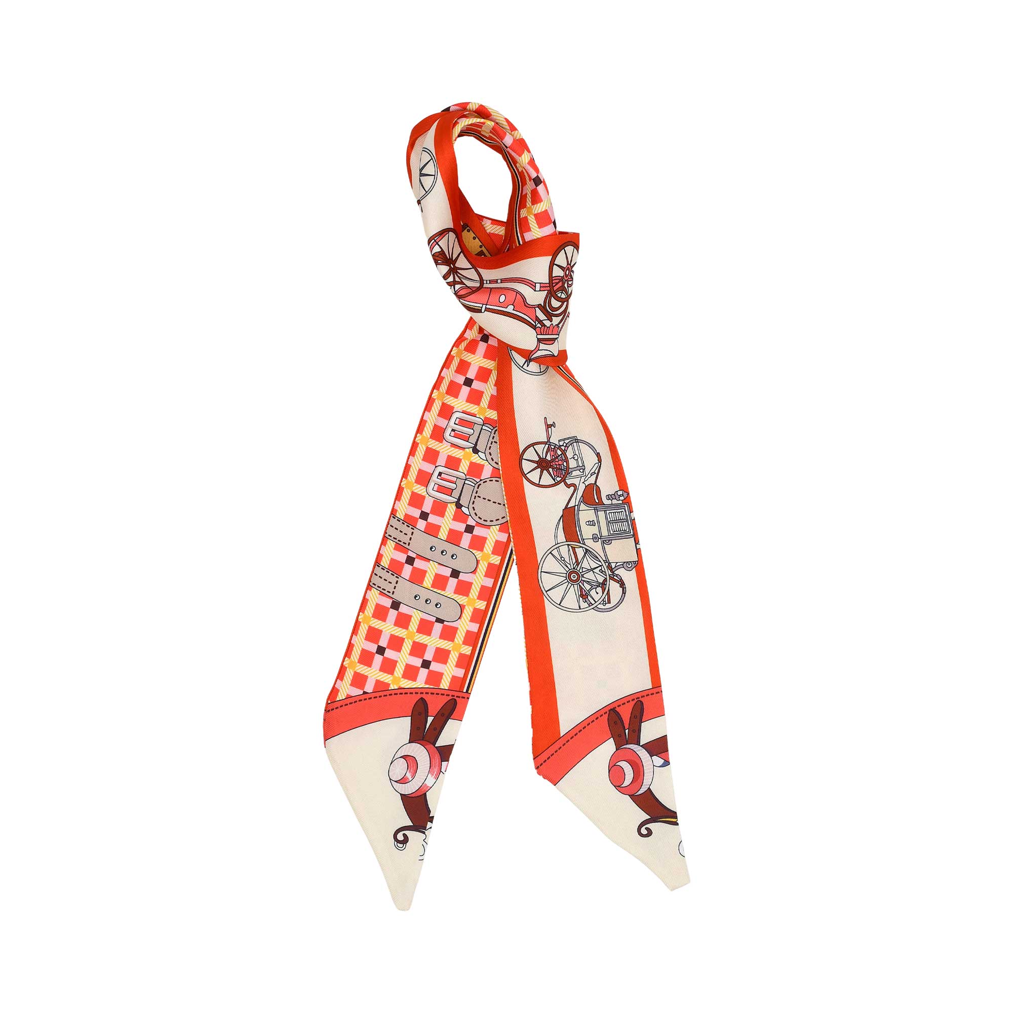 Styled view of the Muni Women's Orange Multicolor Printed Twilly Scarf with carriage and geometric print – Order the Collection Online