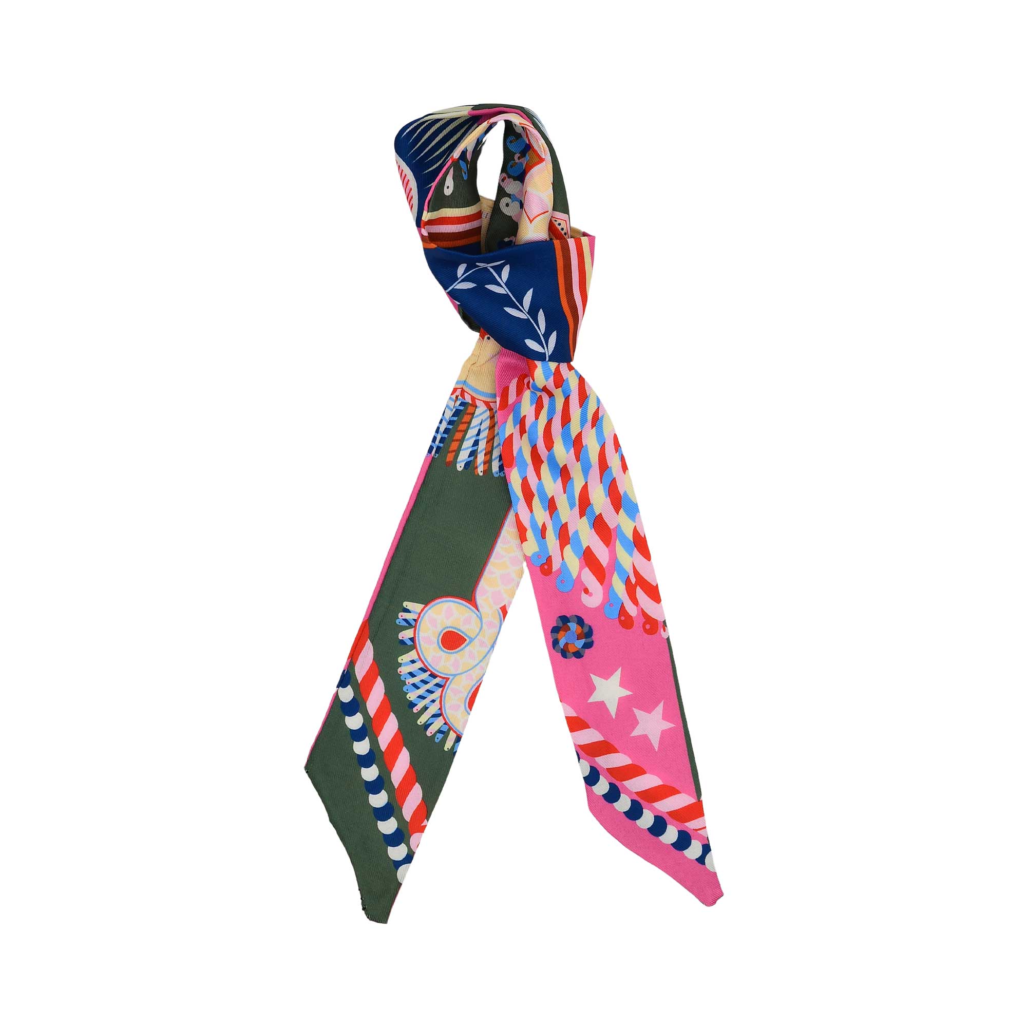 Styled view of the Muni pink multicolor printed twilly scarf with vibrant pattern detailing. Available Online Today