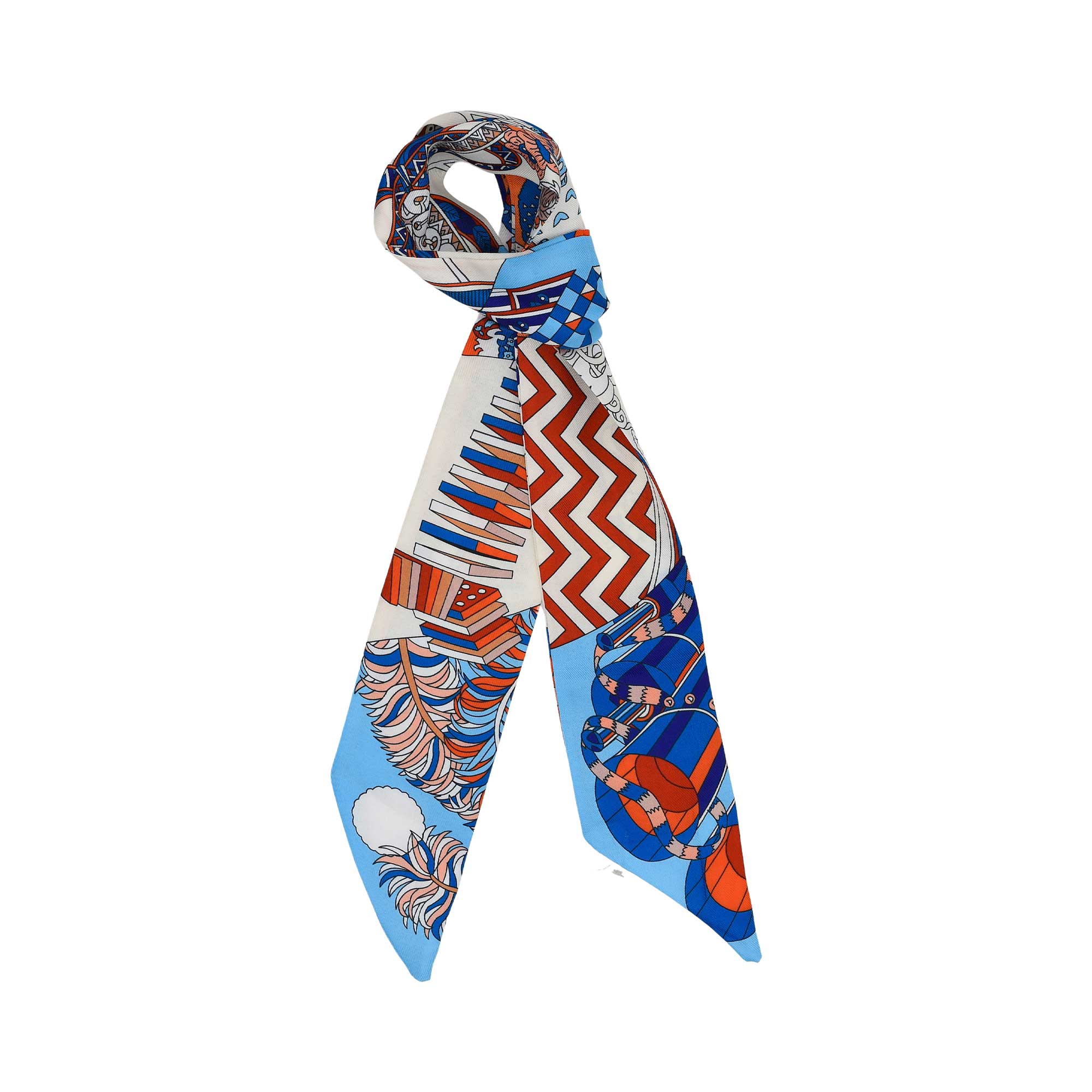 Styled view of the Muni women’s Blue multicolor geometric printed twilly scarf, featuring blue and orange abstract geometric design. Shop Online Today
