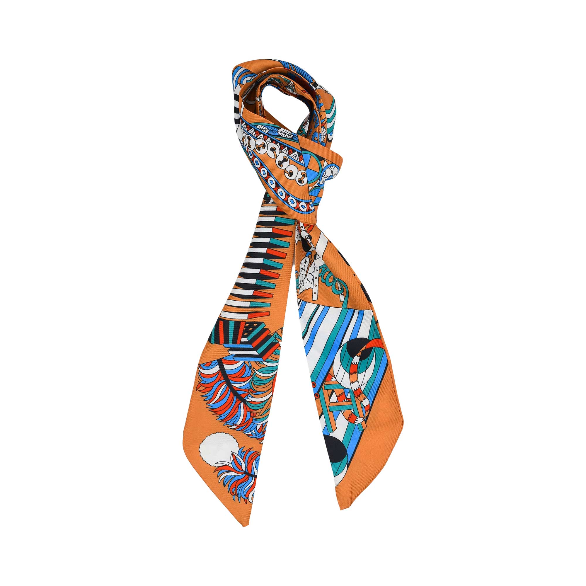 Styled view of the Muni women’s Orange multicolor geometric printed twilly scarf, featuring blue and orange abstract geometric design. Shop Online Today