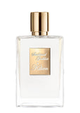 A luxury 50ml perfume bottle of Sunkissed Goddess by Kilian, featuring a sleek clear glass design with a white front panel, a gold-toned nameplate, and a polished gold cap.