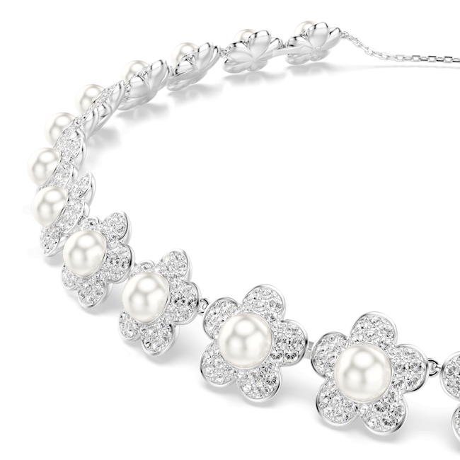 Swarovski Ariana Grande X Swarovski Choker Crystal Pearl Silver necklace with floral design and pearls on a white background