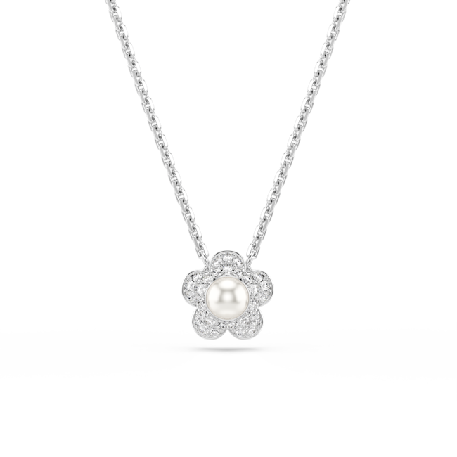 Swarovski Ariana Grande X Swarovski Pendant Crystal Pearl Silver necklace with a flower-shaped pendant featuring a pearl on a white background