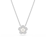 Swarovski Ariana Grande X Swarovski Pendant Crystal Pearl Silver necklace with a flower-shaped pendant featuring a pearl on a white background