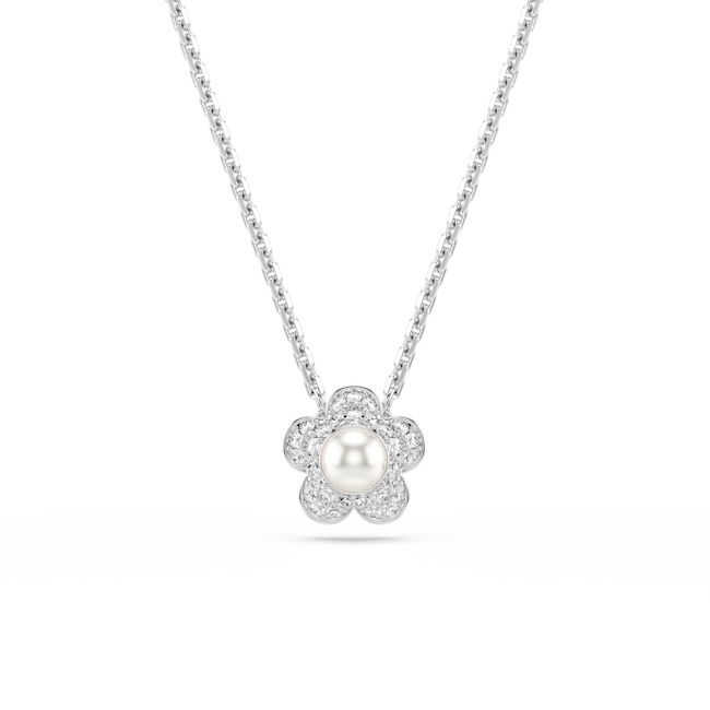 Swarovski Ariana Grande X Swarovski Set Crystal Pearl Round
Silver necklace with a floral pendant featuring a pearl on a white background