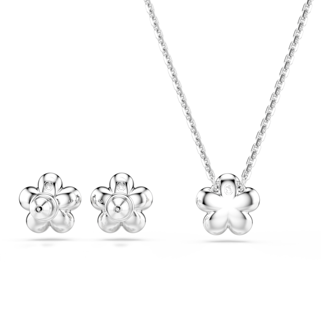 Swarovski Ariana Grande X Swarovski Set Crystal Pearl Round Silver flower necklace and earrings set on a white background