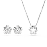 Swarovski Ariana Grande X Swarovski Set Crystal Pearl Round Silver flower necklace and earrings set on a white background