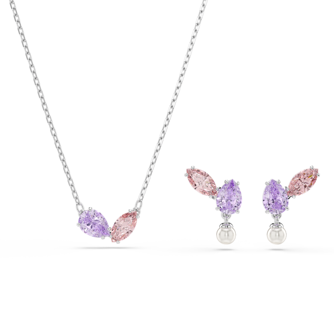 Swarovski Ariana Grande X Swarovski Set Mixed Cuts Jewelry set with necklace and earrings featuring pink and purple gemstones on a white background