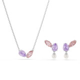 Swarovski Ariana Grande X Swarovski Set Mixed Cuts Jewelry set with necklace and earrings featuring pink and purple gemstones on a white background