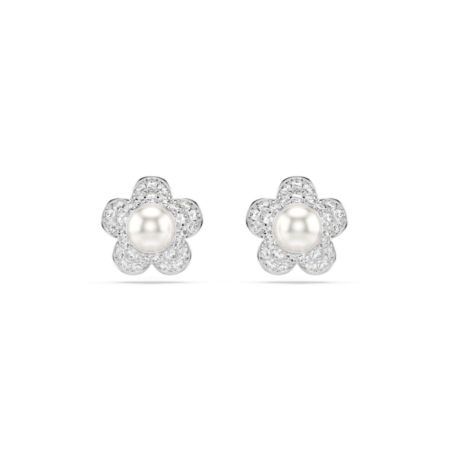 Swarovski Ariana Grande X Swarovski Stud Earrings Crystal Flower-shaped earrings with pearls and clear stones on a white background
