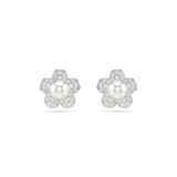 Swarovski Ariana Grande X Swarovski Stud Earrings Crystal Flower-shaped earrings with pearls and clear stones on a white background