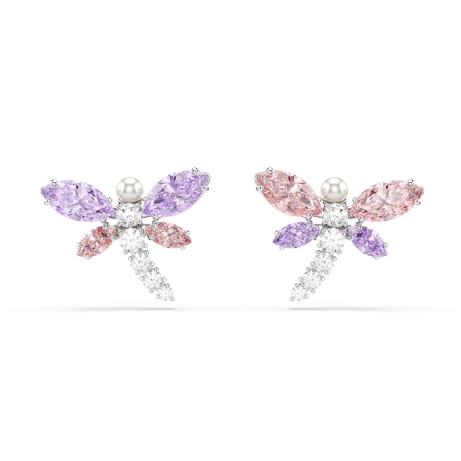 Swarovski Ariana Grande X Swarovski Stud Earrings Mixed Pair of dragonfly-shaped earrings with pink, purple, and white gemstones on a white background