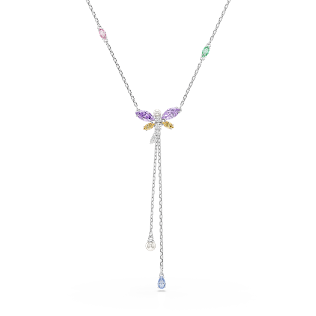 Swarovski Ariana Grande X Swarovski Y Necklace Mixed Cuts Necklace with a dragonfly-shaped pendant featuring colorful gemstones on a white background