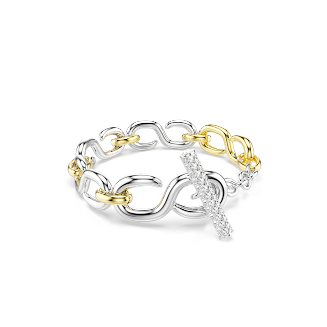 Swarovski Dextera Bracelet Round Cut T-Bar White Mixed Two gold and silver chain-link rings on a white background