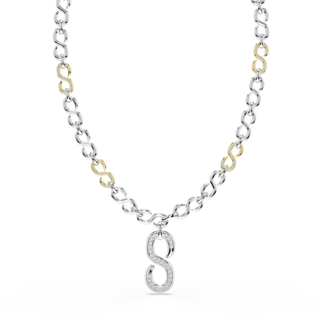 Swarovski Dextera Strandage Round Cut White Mixed Metal Necklace with a 'S' pendant on a white background
